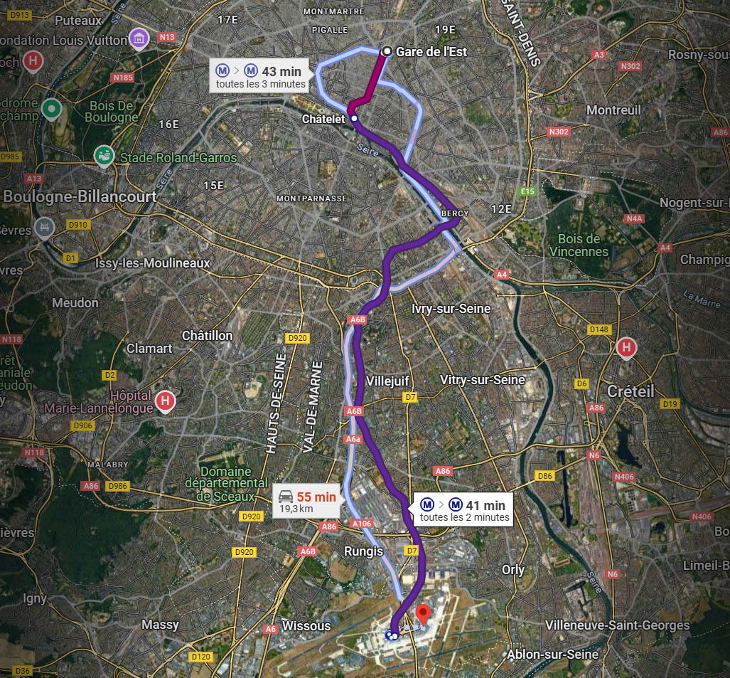 Itinéraire Gare de l'Est vers l'aéroport d'Orly